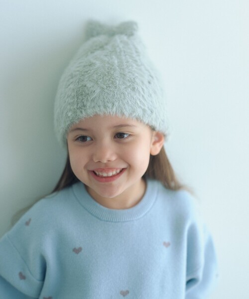 green label relaxing(グリーンレーベルリラクシング)の「リボン ビーニー / 帽子(ニットキャップ/ビーニー・キッズ・オフホワイト/ライラック/ライトグレー/モカ・FREE)」の1枚目の写真