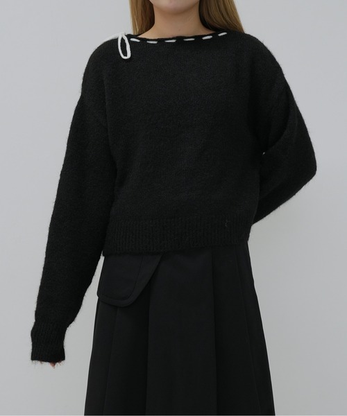 セール】ボートネック風リボン編み上げニット（ニット/セーター