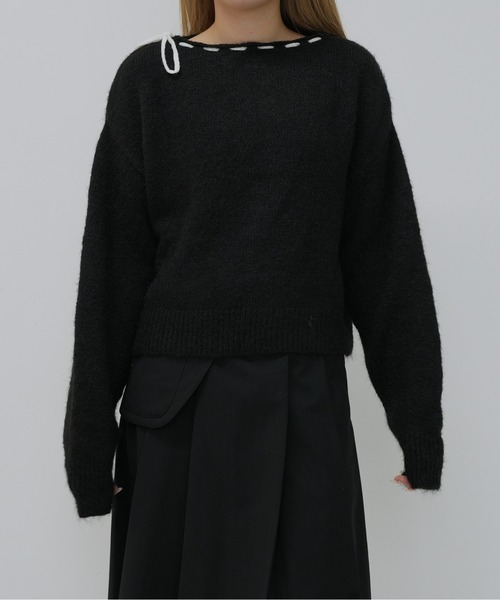 セール】ボートネック風リボン編み上げニット（ニット/セーター