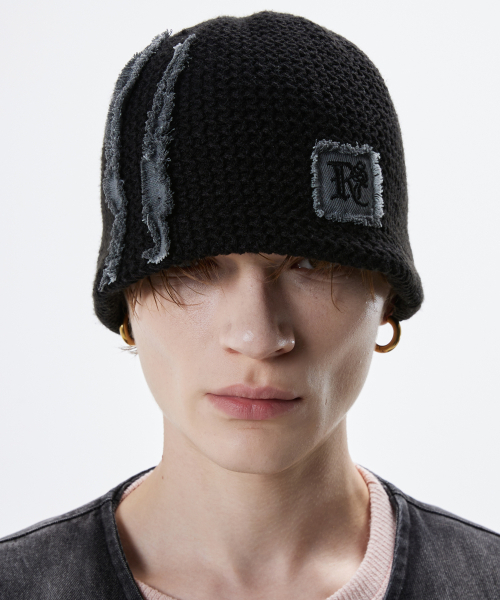 セール】DENIM PATCHED KNIT BEANIE - BLACK（ニットキャップ/ビーニー