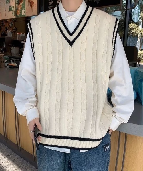 SHEPP(シープ)の「ケーブルラインルーズニットベスト(ベスト・メンズ・ブラウン/アイボリー/ブラック・F)」の2枚目の写真