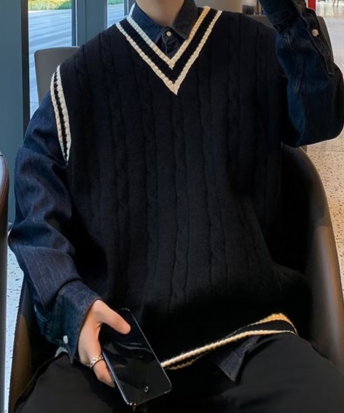 SHEPP(シープ)の「ケーブルラインルーズニットベスト(ベスト・メンズ・ブラウン/アイボリー/ブラック・F)」の18枚目の写真