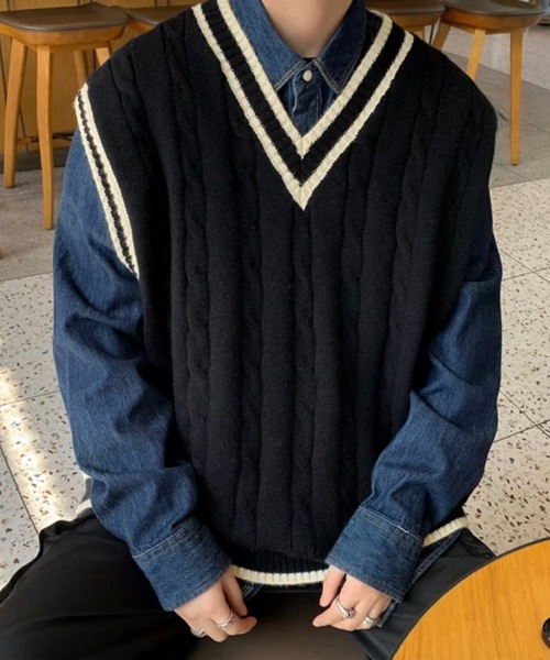 SHEPP(シープ)の「ケーブルラインルーズニットベスト(ベスト・メンズ・ブラウン/アイボリー/ブラック・F)」の21枚目の写真