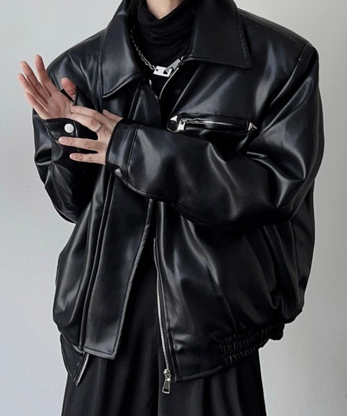 NOWLE】襟付き シングルライダース風 PUレザージャケット（ライダース