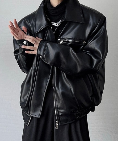 セール】【NOWLE】襟付き シングルライダース風 PUレザージャケット