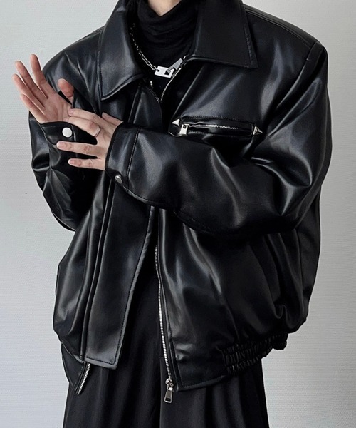 レザージャケット　シングル　collection PRIVEE? 古着屋noir NOWLE】襟付き シングルライダース風 PUレザージャケット（ライダース