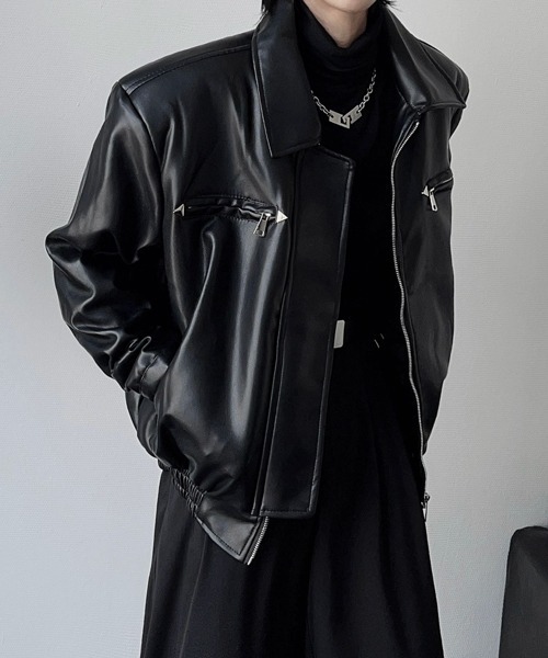 NOWLE】襟付き シングルライダース風 PUレザージャケット（ライダース