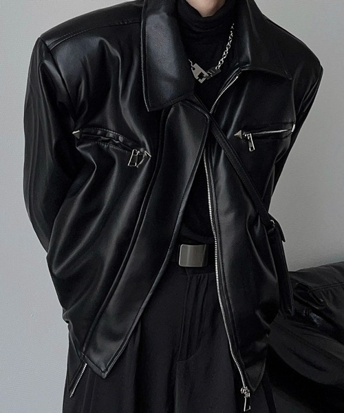 NOWLE】襟付き シングルライダース風 PUレザージャケット（ライダース
