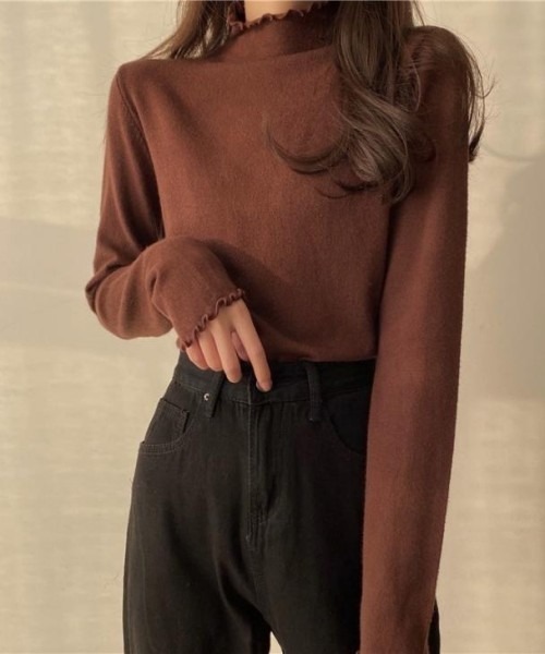 AMELY(エミリー)の「ハイネック長袖カットソー(Tシャツ/カットソー・レディース・ブラック/ホワイト/ブラウン・フリー)」の1枚目の写真