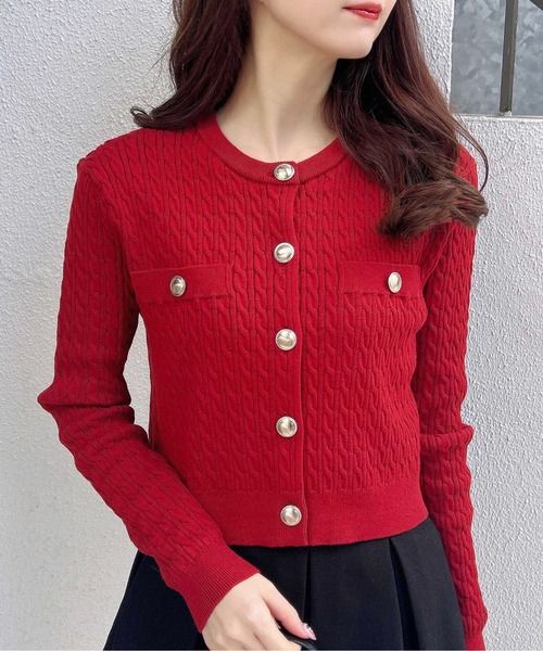 INGNI(イング)の「【WEB限定】金ボタンケーブルニットカーディガン(カーディガン/ボレロ・レディース・ブラック/グレー/オフホワイト/レッド・M)」の1枚目の写真