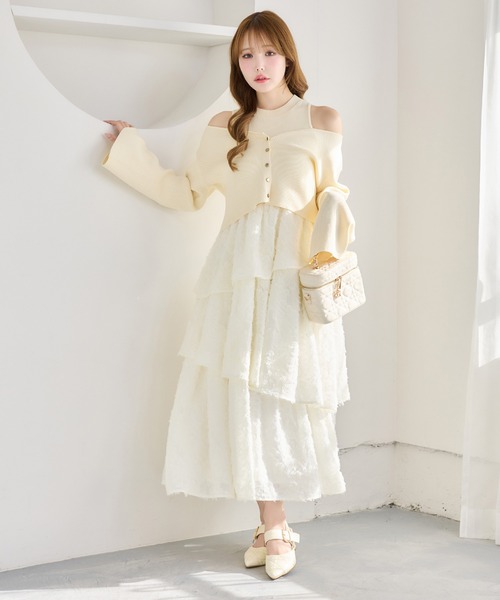 セール】ショートカーディガン＋ティアードドッキングロングワンピース