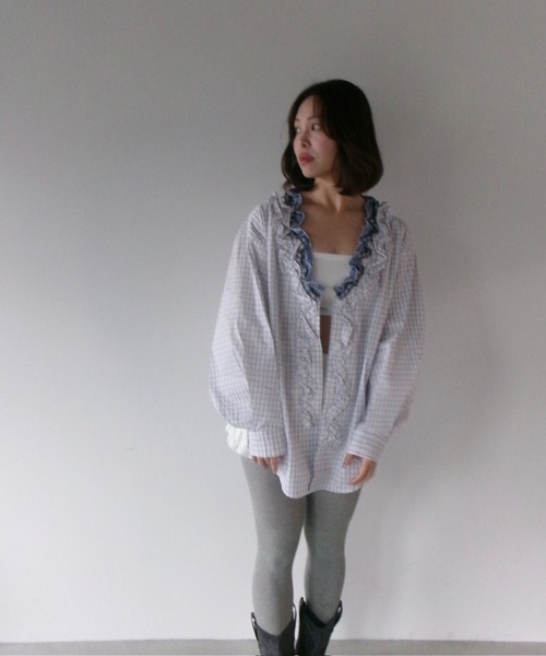 SANSeLF（サンセルフ）の「【SANSeLF】フロントボタンフリルチェックブラウス saw25a072（シャツ/ブラウス・レディース・ホワイト・FREE）」の4枚目の写真