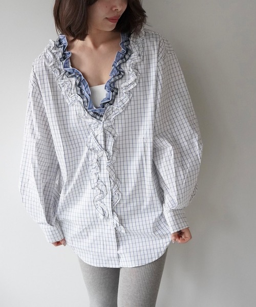 SANSeLF（サンセルフ）の「【SANSeLF】フロントボタンフリルチェックブラウス saw25a072（シャツ/ブラウス・レディース・ホワイト・FREE）」の8枚目の写真