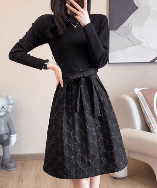 Miniministore(ミニミニストア)の「リボン柄フレアワンピース ウエストマーク(ワンピース・レディース・ブラック・L/M)」の2枚目の写真