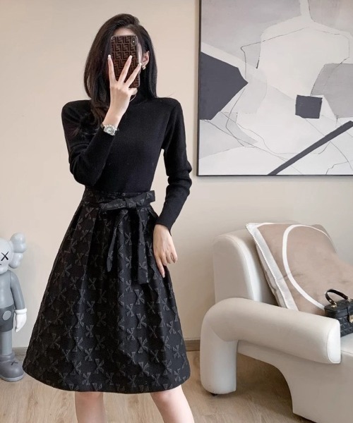 Miniministore(ミニミニストア)の「リボン柄フレアワンピース ウエストマーク(ワンピース・レディース・ブラック・L/M)」の5枚目の写真