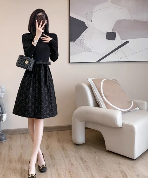 Miniministore(ミニミニストア)の「リボン柄フレアワンピース ウエストマーク(ワンピース・レディース・ブラック・L/M)」の7枚目の写真