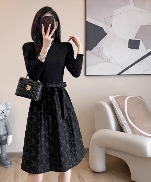 Miniministore(ミニミニストア)の「リボン柄フレアワンピース ウエストマーク(ワンピース・レディース・ブラック・L/M)」の8枚目の写真