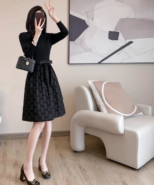 Miniministore(ミニミニストア)の「リボン柄フレアワンピース ウエストマーク(ワンピース・レディース・ブラック・L/M)」の9枚目の写真