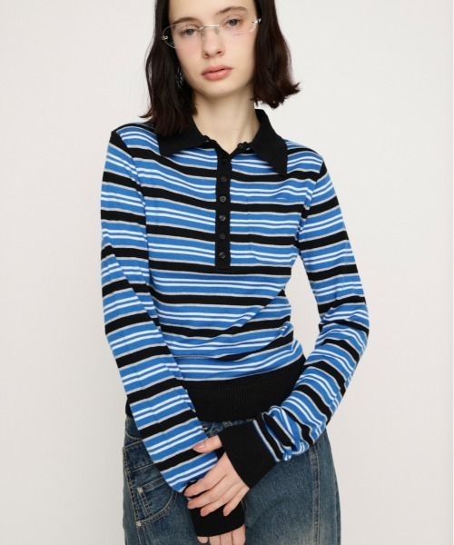 SLY（スライ）の「HG KNIT POLO TOPS ハイゲージ ニットポロ トップス 春服（ニット/セーター・レディース・杢グレー/ブルー系その他・FREE）」の2枚目の写真