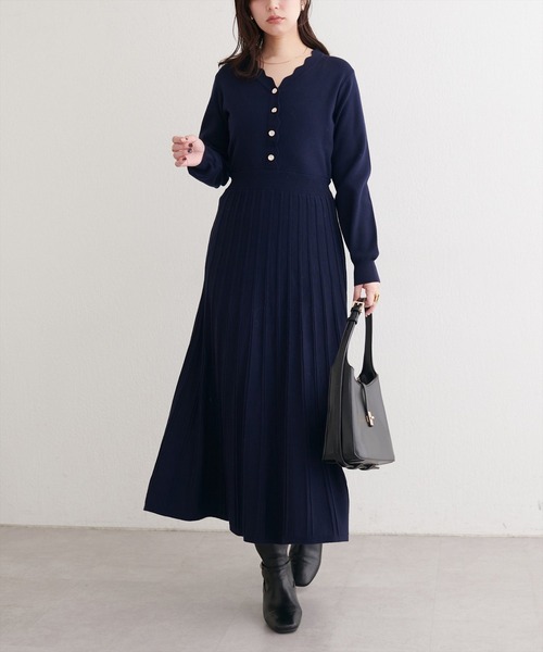 natural couture（ナチュラルクチュール）の「スカラッププリーツニットワンピース（ワンピース・レディース・ラベンダー/ミント/ネイビー/アイボリー・FREE）」の11枚目の写真