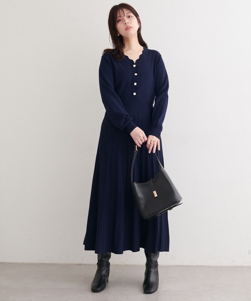 natural couture（ナチュラルクチュール）の「スカラッププリーツニットワンピース（ワンピース・レディース・ラベンダー/ミント/ネイビー/アイボリー・FREE）」の10枚目の写真