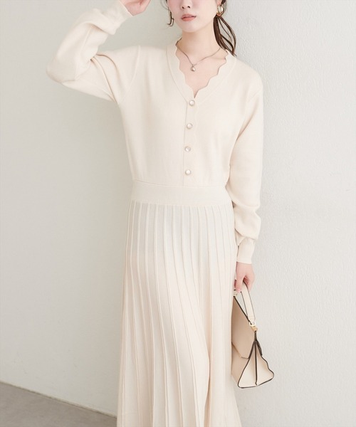 natural couture（ナチュラルクチュール）の「スカラッププリーツニットワンピース（ワンピース・レディース・ラベンダー/ミント/ネイビー/アイボリー・FREE）」の6枚目の写真