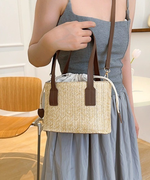 2WAY】巾着付き配色かごバッグ ショルダーバッグ ハンドバッグ