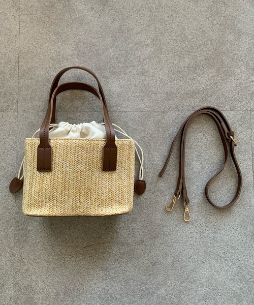 2WAY】巾着付き配色かごバッグ ショルダーバッグ ハンドバッグ