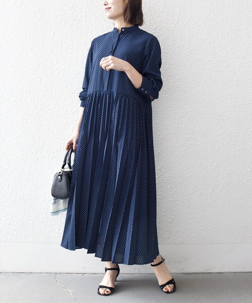 セール】SHIPS any:〈手洗い可能〉ドット バンドカラー プリーツ