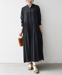 SHIPS any | SHIPS any:〈手洗い可能〉ドット バンドカラー プリーツ ロング ワンピース(ワンピース)