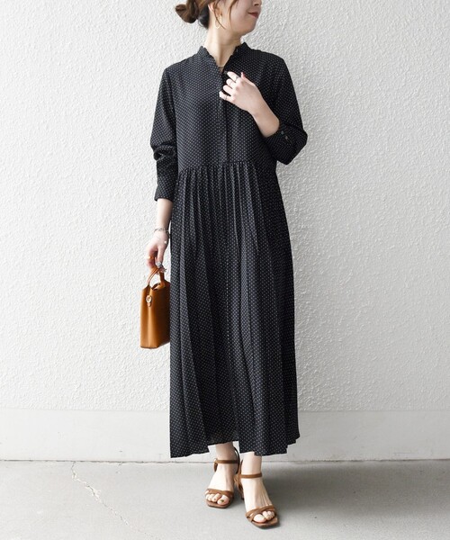 セール】SHIPS any:〈手洗い可能〉ドット バンドカラー プリーツ