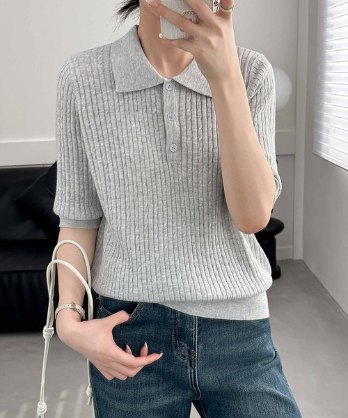 LOWO(ロワ)の「ケーブル編み ポロニットトップス 襟付き(ニット/セーター・レディース・ベージュ/ブラック/グレー/ブルー・FREE)」の14枚目の写真