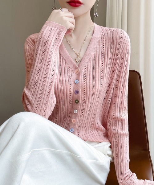 Miniministore(ミニミニストア)の「針抜きシアーカーディガン透かし編みニット(カーディガン/ボレロ・レディース・グレー/アイボリー/ブラック/ピンク・FREE)」の4枚目の写真