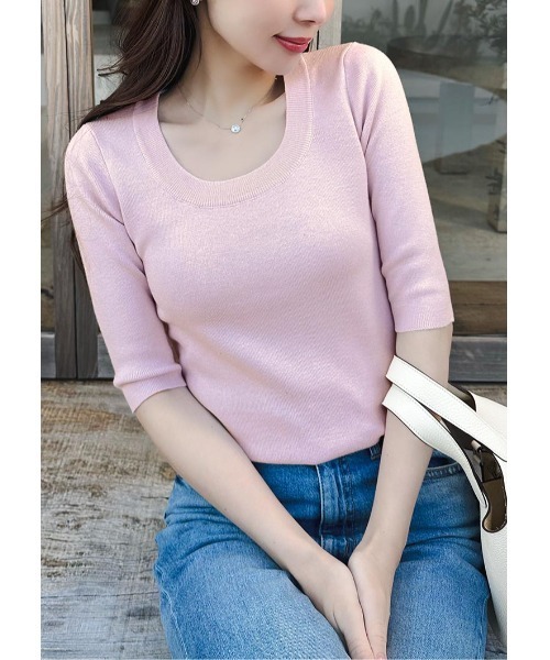 LUDICRUM(ルーディクルム)の「Deep U neck Knit top(ニット/セーター・レディース・ピンク/ブラック/オフホワイト・FREE)」の1枚目の写真