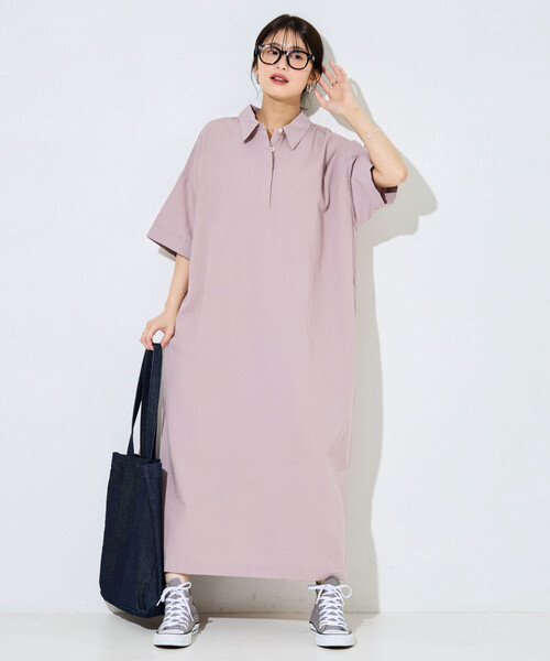 限定展開 麻タッチ 襟付き 半袖 シャツワンピース（ワンピース
