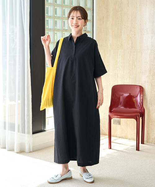 セール】限定展開 麻タッチ 襟付き 半袖 シャツワンピース（ワンピース