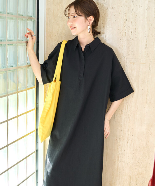 セール】限定展開 麻タッチ 襟付き 半袖 シャツワンピース（ワンピース