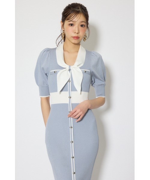 森香澄さん着用】バイカラーパフスリーブタイトニットワンピース 春服