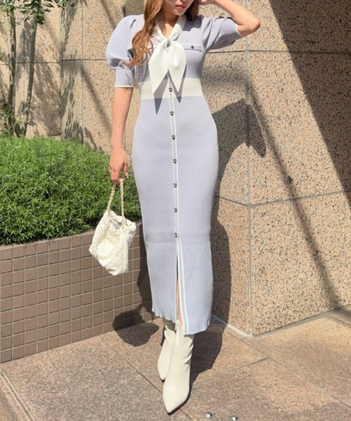 森香澄さん着用】バイカラーパフスリーブタイトニットワンピース 春服