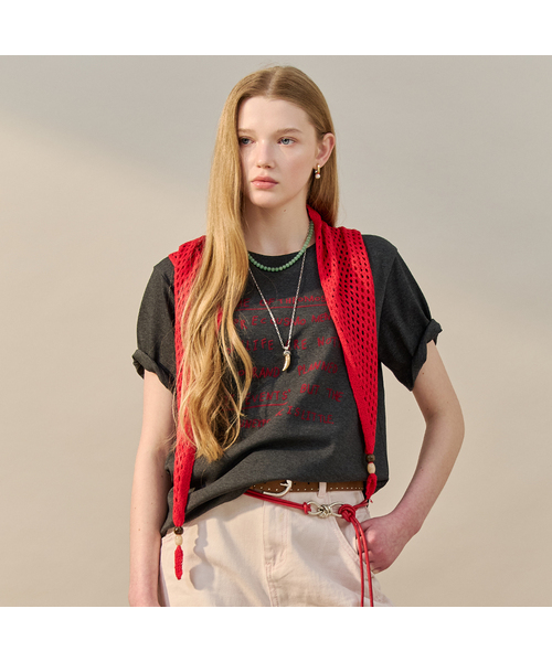MAXZA(マージャコレクション)の「ニットスカーフセットレタリング半袖Tシャツ(Tシャツ/カットソー・レディース・オートミール/チャコール・FREE)」の1枚目の写真