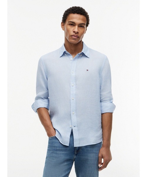 TOMMY HILFIGER（トミーヒルフィガー）の「ピグメント加工リネンソリッドシャツ（シャツ/ブラウス・メンズ・ブルー/ホワイト/ネイビー/グリーン・LARGE/X-LARGE/SMALL/MEDIUM）」の4枚目の写真