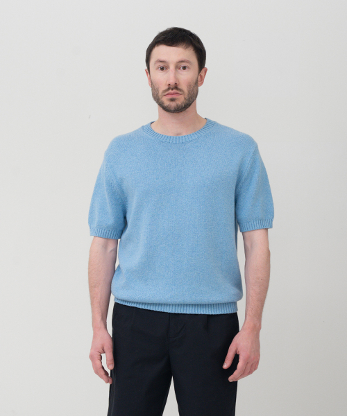 UPW Wossible Cotton Round 半袖 ニット カメオブルー — хлопковый полукардиган голубой