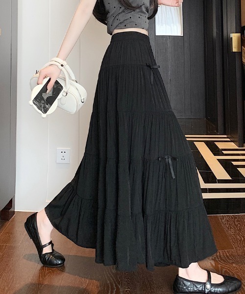 LUCPY（ラクピー）の「リボンティアードフレアロングスカート（スカート・レディース・ホワイト/ブラック・MEDIUM/SMALL/X-LARGE/LARGE）」の2枚目の写真
