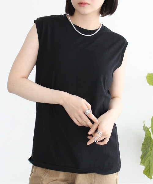 Meli rich（メリーリッチ）の「【接触冷感・吸水速乾・UVカット】プレーティング天竺ベーシックノースリプルオーバー（Tシャツ/カットソー・レディース・ブラック/ブラウン/イエロー/ブルー/オフホワイト・FREE）」の14枚目の写真