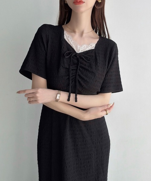 Meiru(メイル)の「ストレッチジャガードフロントレースギャザーワンピース(ワンピース・レディース・ブラック/チャコール/ネイビー・LARGE/MEDIUM/SMALL)」の5枚目の写真