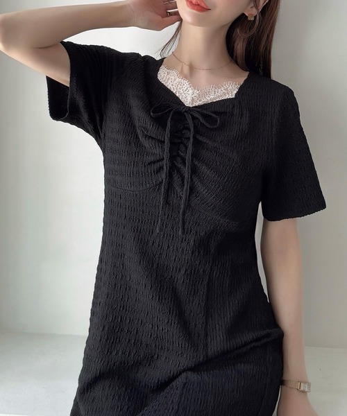 Meiru(メイル)の「ストレッチジャガードフロントレースギャザーワンピース(ワンピース・レディース・ブラック/チャコール/ネイビー・LARGE/MEDIUM/SMALL)」の6枚目の写真