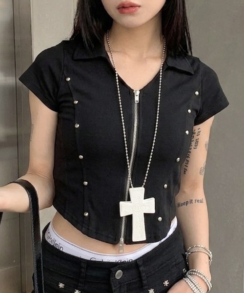 lilful(リルフル)の「【26年春夏新作】スタッズアクセント ダブルジップ 半袖トップス(Tシャツ/カットソー・レディース・ブラック/グレー/ホワイト・F)」の2枚目の写真