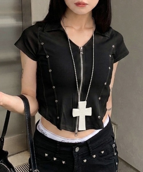 lilful(リルフル)の「【26年春夏新作】スタッズアクセント ダブルジップ 半袖トップス(Tシャツ/カットソー・レディース・ブラック/グレー/ホワイト・F)」の16枚目の写真