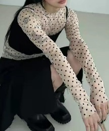 ドット柄チュールロングスリーブトップス