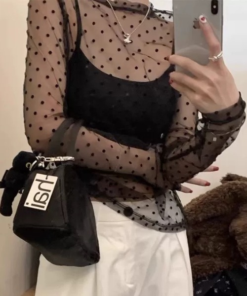 ampm(エーエムピーエム)の「ドット柄チュールロングスリーブトップス(Tシャツ/カットソー・レディース・ブラック/ホワイト・FREE)」の15枚目の写真